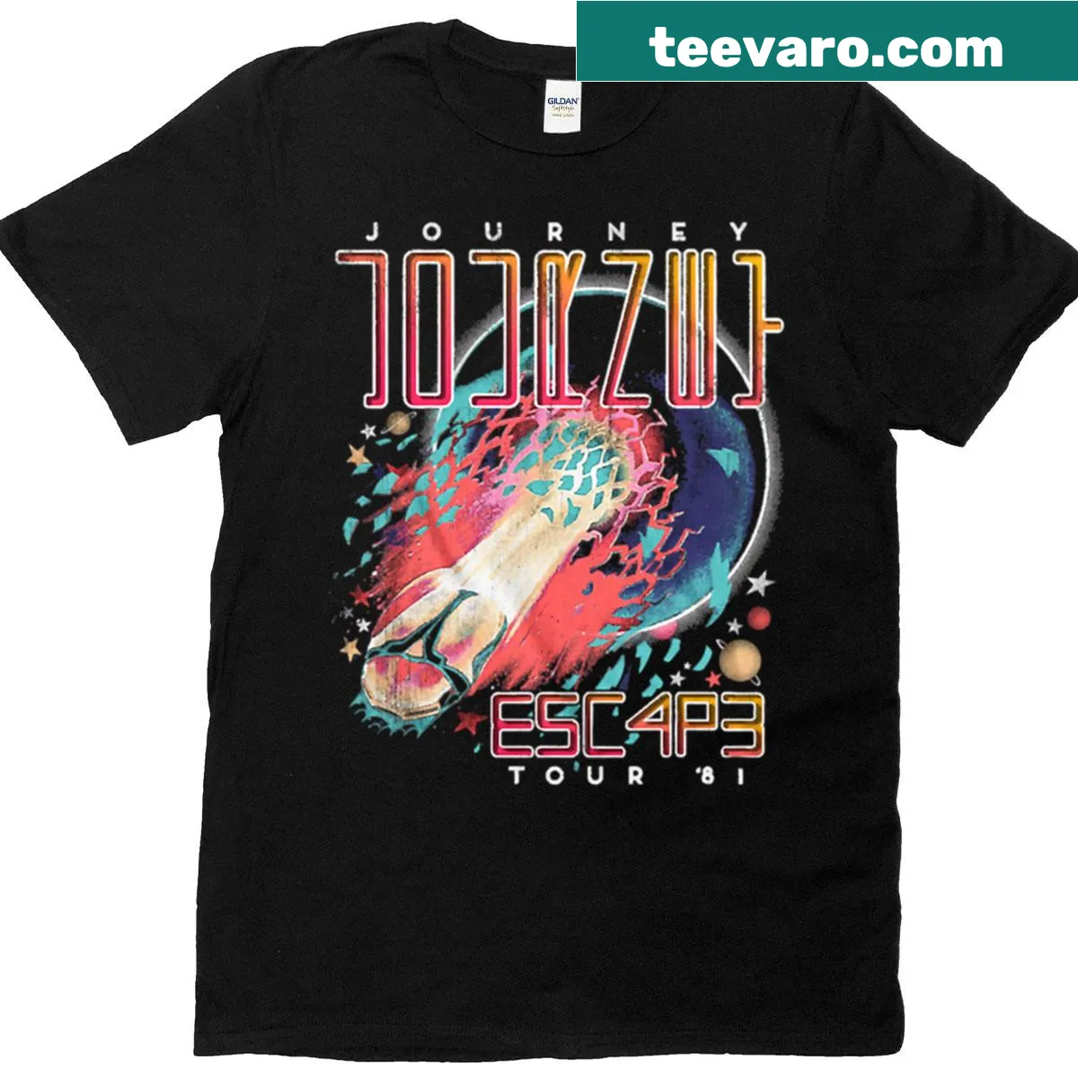 Retro Journey Escape Tour 81 graphic T-shirt — on a men's t-shirt