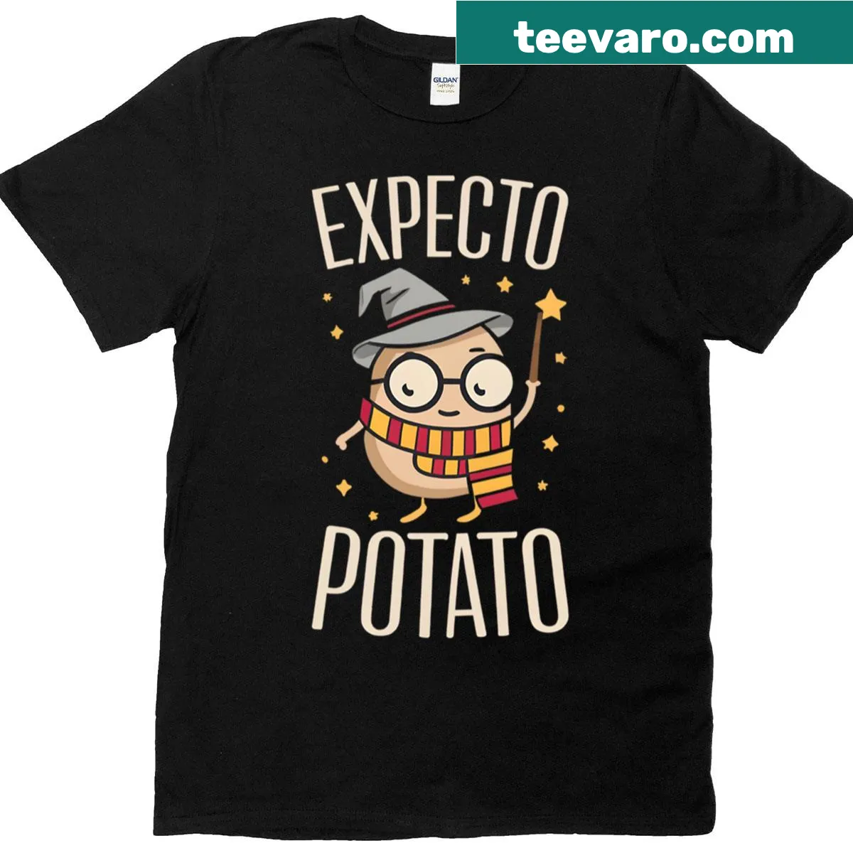Funny wizard-themed Expecto Potato T-shirt — on a men's t-shirt
