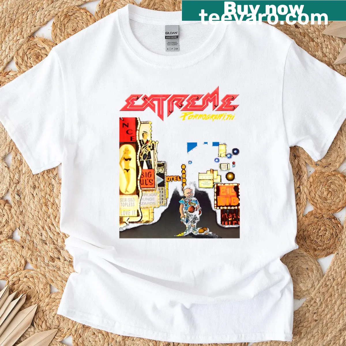 Bold typography Extreme Band Album tee for music fans — on a men's t-shirt