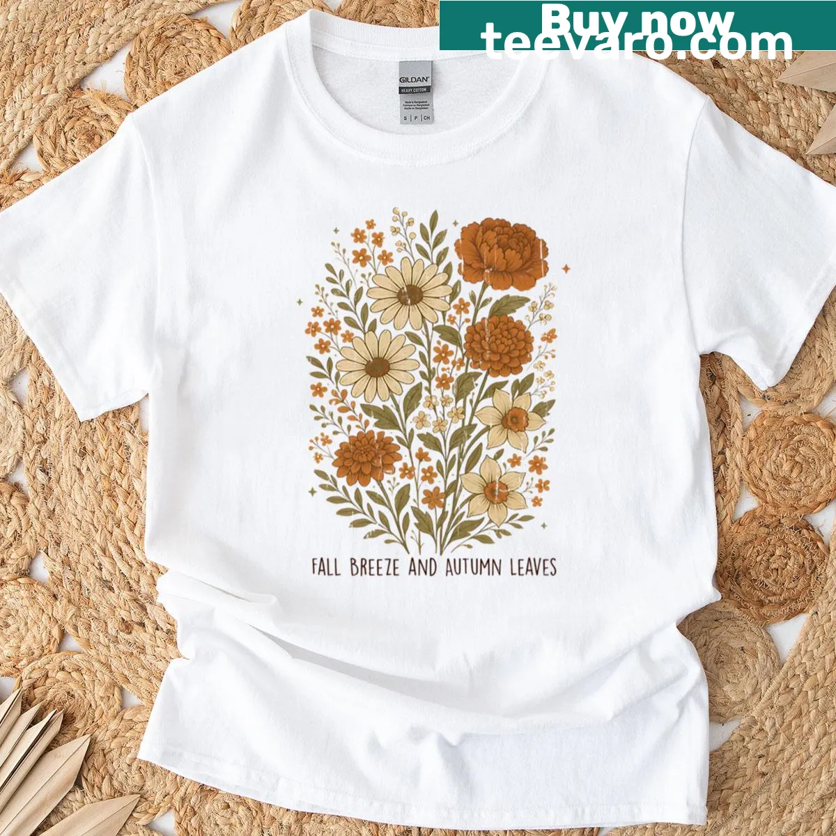 T-shirt featuring autumn leaves and a breeze illustration — on a men's t-shirt