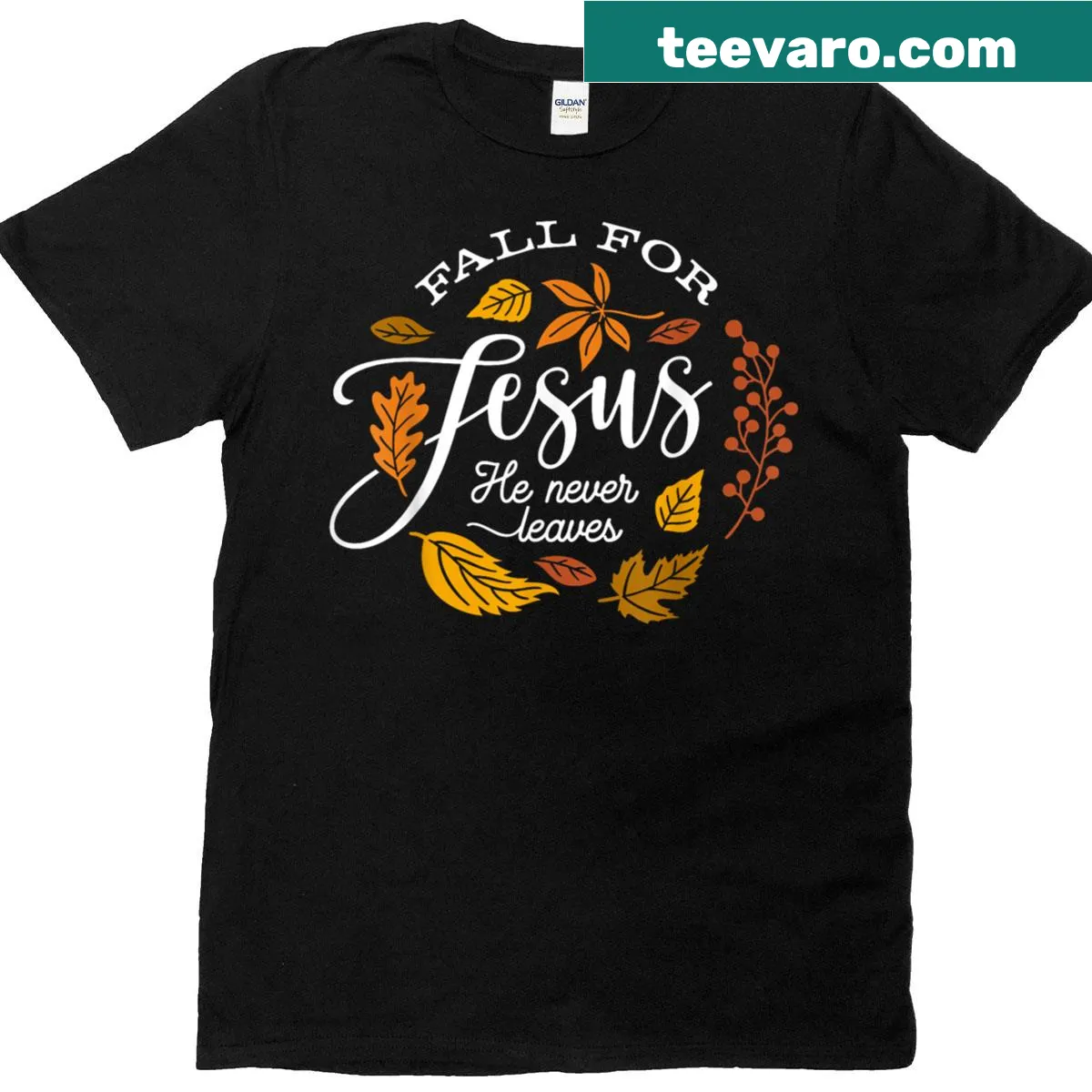 Inspirational autumn-themed Christian T-shirt with a faith message — on a men's t-shirt