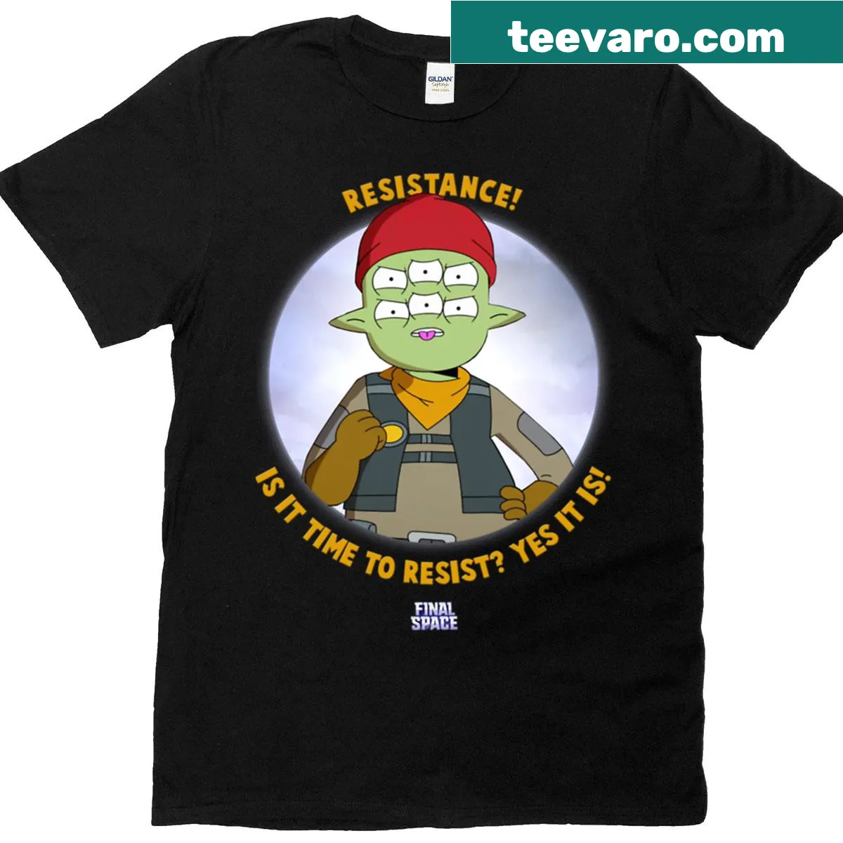 Tribore Menendez character graphic from Final Space on t-shirt — on a men's t-shirt