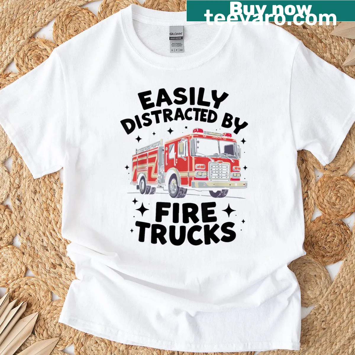 Funny firefighter T-shirt featuring a fire truck graphic — on a men's t-shirt