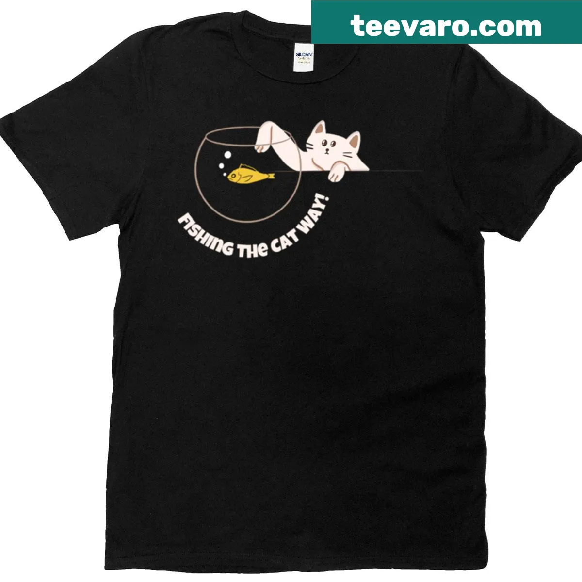 T-shirt featuring a curious cat and goldfish illustration — on a men's t-shirt