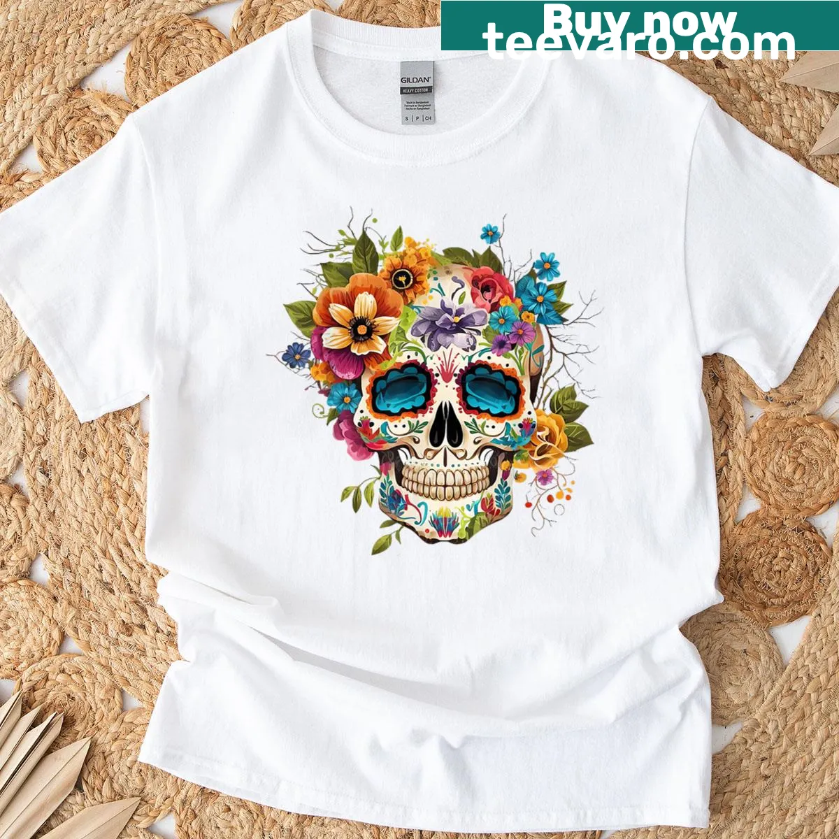 Floral sugar skull design for Dia De Los Muertos — on a men's t-shirt