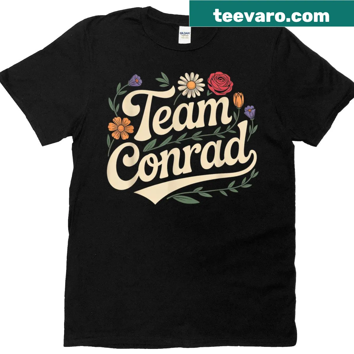 Funny Team Conrad t-shirt with floral design and humorous text — on a men's t-shirt