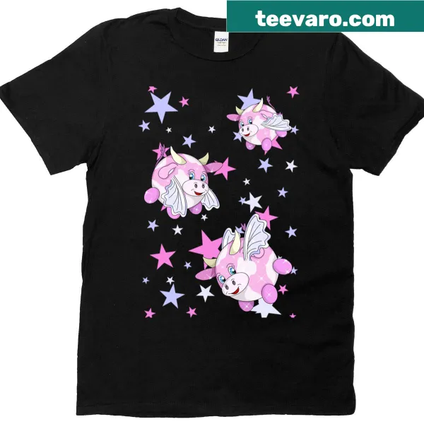 Cartoon T-shirt featuring a flying cow in a whimsical design.