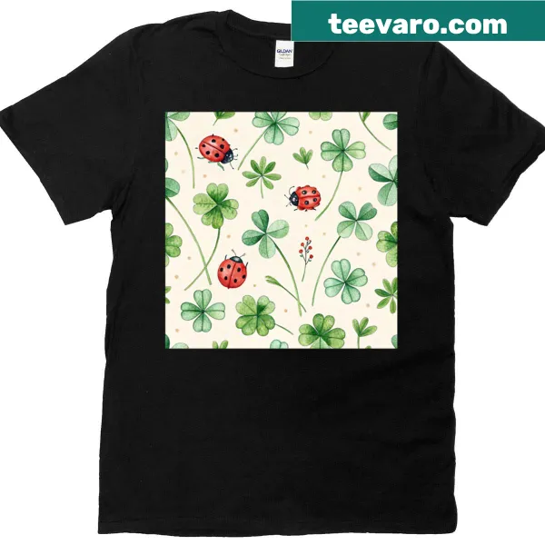 T-shirt with four-leaf clovers and ladybugs graphic