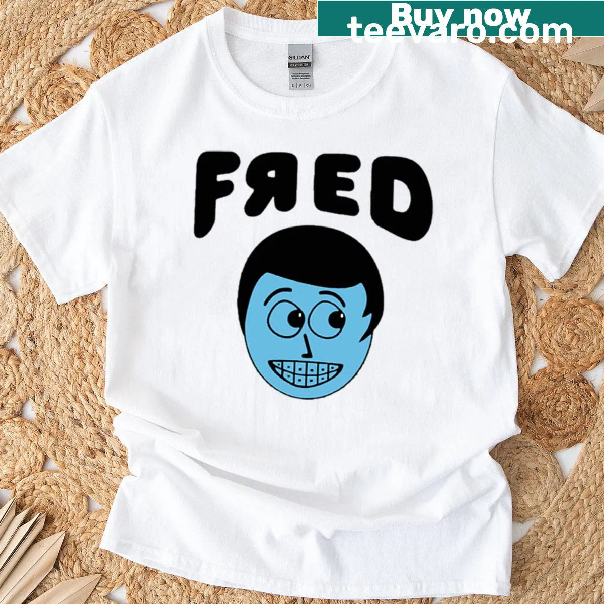 Cartoon graphic of Fred Figglehorn on kids' T-shirt — on a men's t-shirt