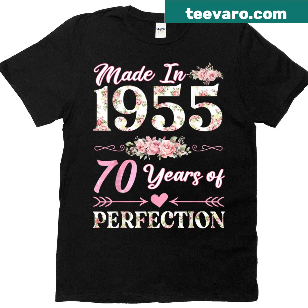 Floral 70th birthday t-shirt featuring 'Made in 1955' design. — on a men's t-shirt