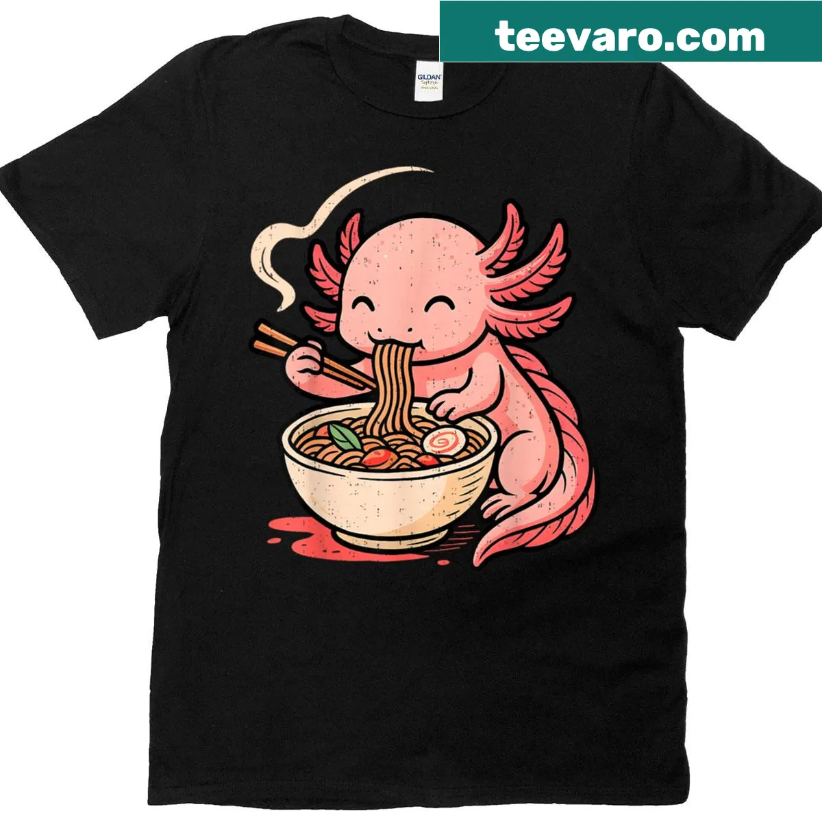 Kawaii axolotl eating ramen graphic t-shirt — on a men's t-shirt