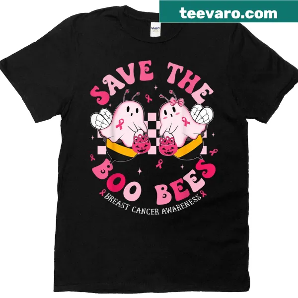 Funny Halloween T-shirt supporting breast cancer awareness with playful graphics.