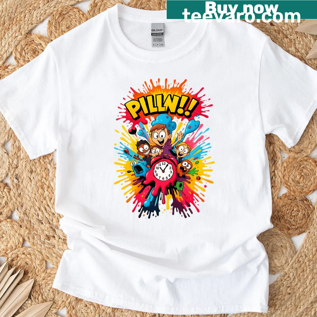 Cartoon explosion-themed shirt with a fun splatter design. — on a men's t-shirt
