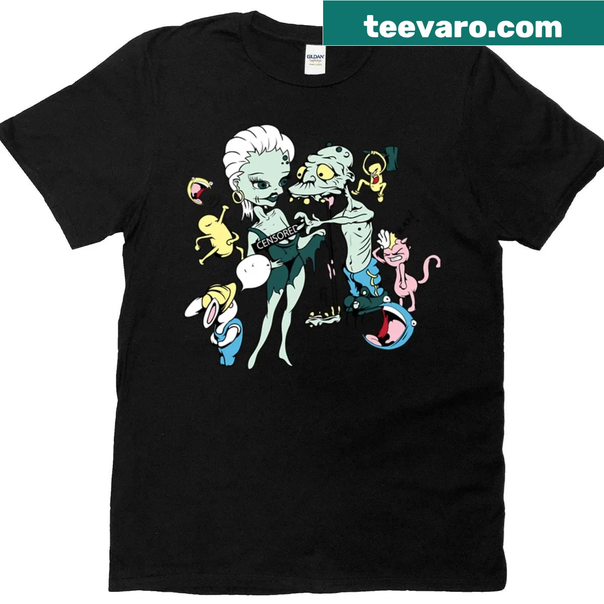 Funny cartoon family T-shirt featuring playful illustrations — on a men's t-shirt