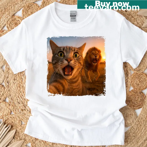 Cartoon T-shirt featuring a cat selfie with a lion meme
