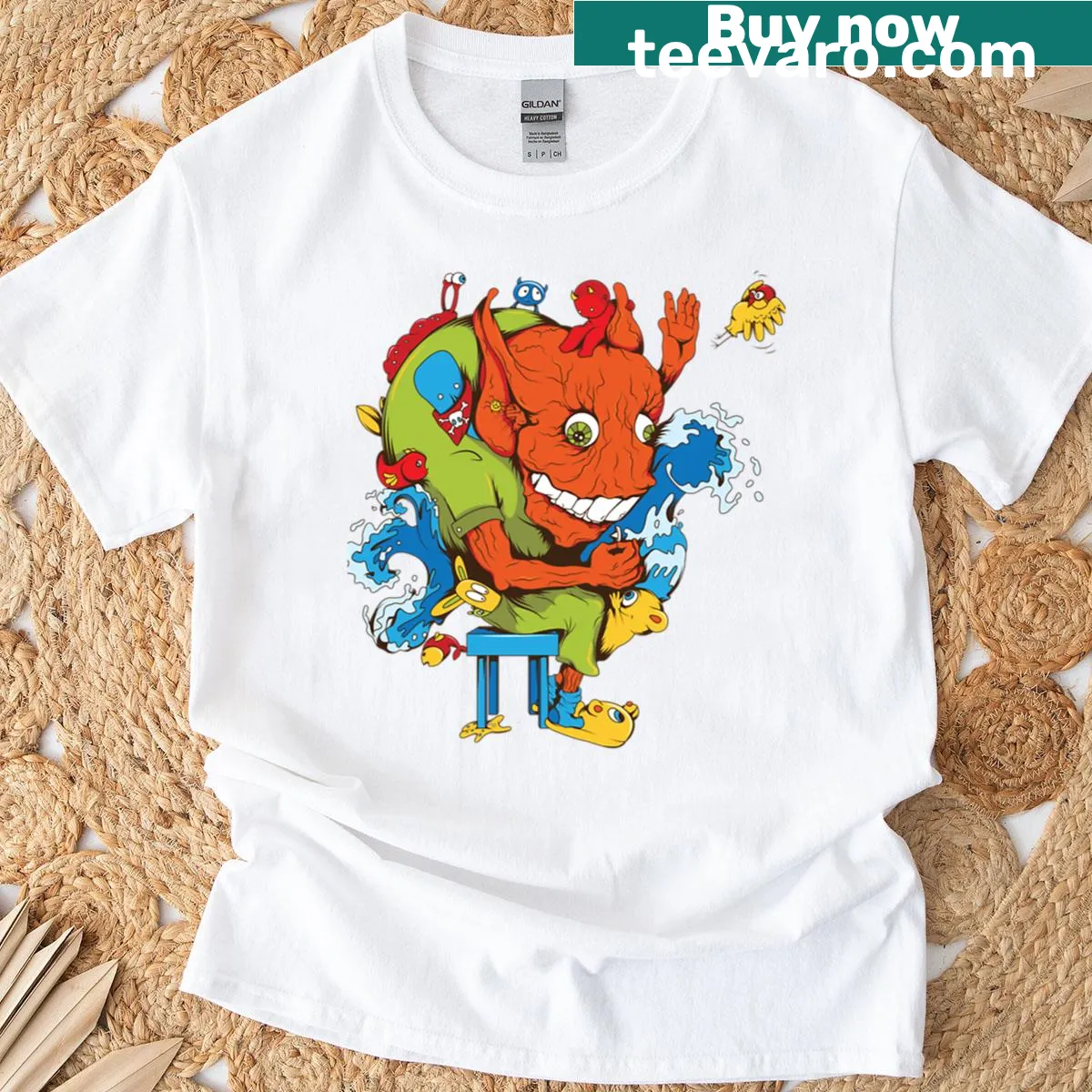 Playful cartoon design on a funny oversized T-shirt — on a men's t-shirt