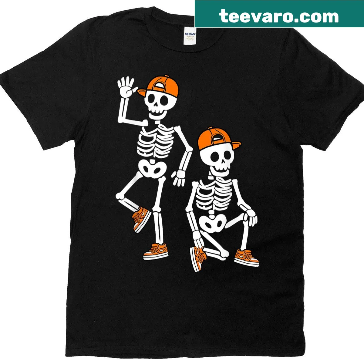 Funny dancing skeletons graphic for Halloween — on a men's t-shirt