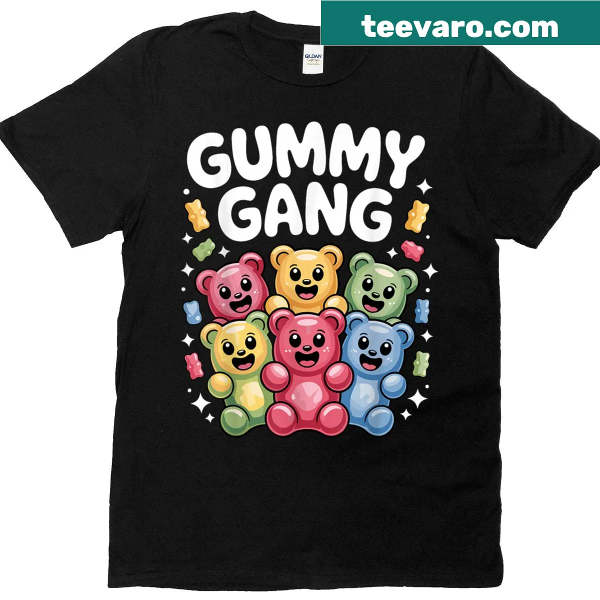 Cartoon design of colorful gummy bears on a t-shirt — on a men's t-shirt