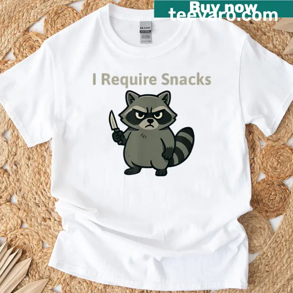T-shirt with a cartoon raccoon graphic demanding snacks