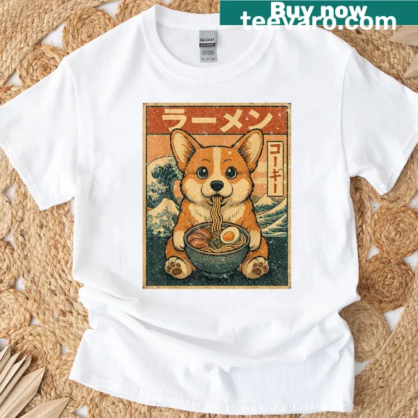 Kawaii corgi eating ramen on a t-shirt