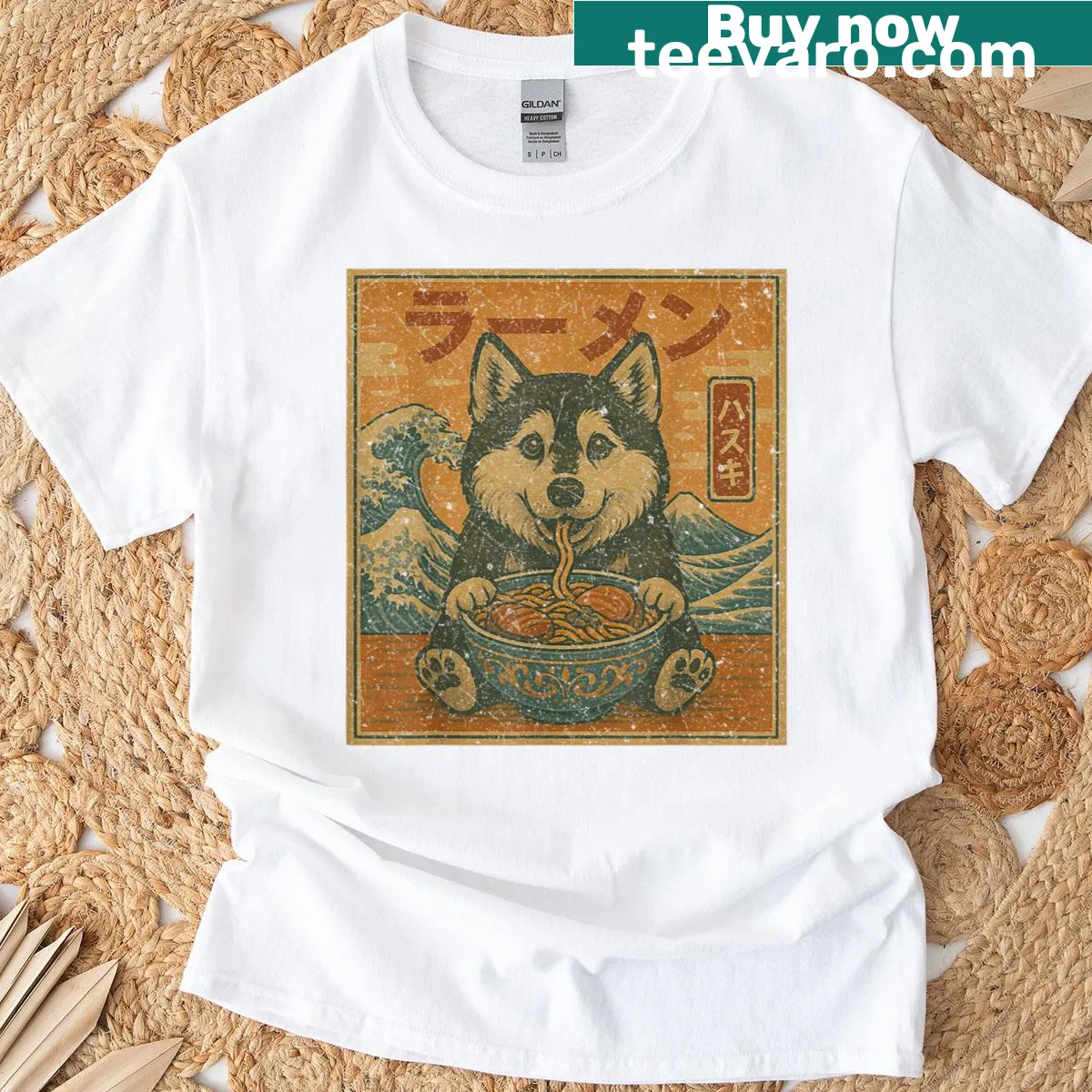 Cartoon husky happily eating ramen on a t-shirt — on a men's t-shirt
