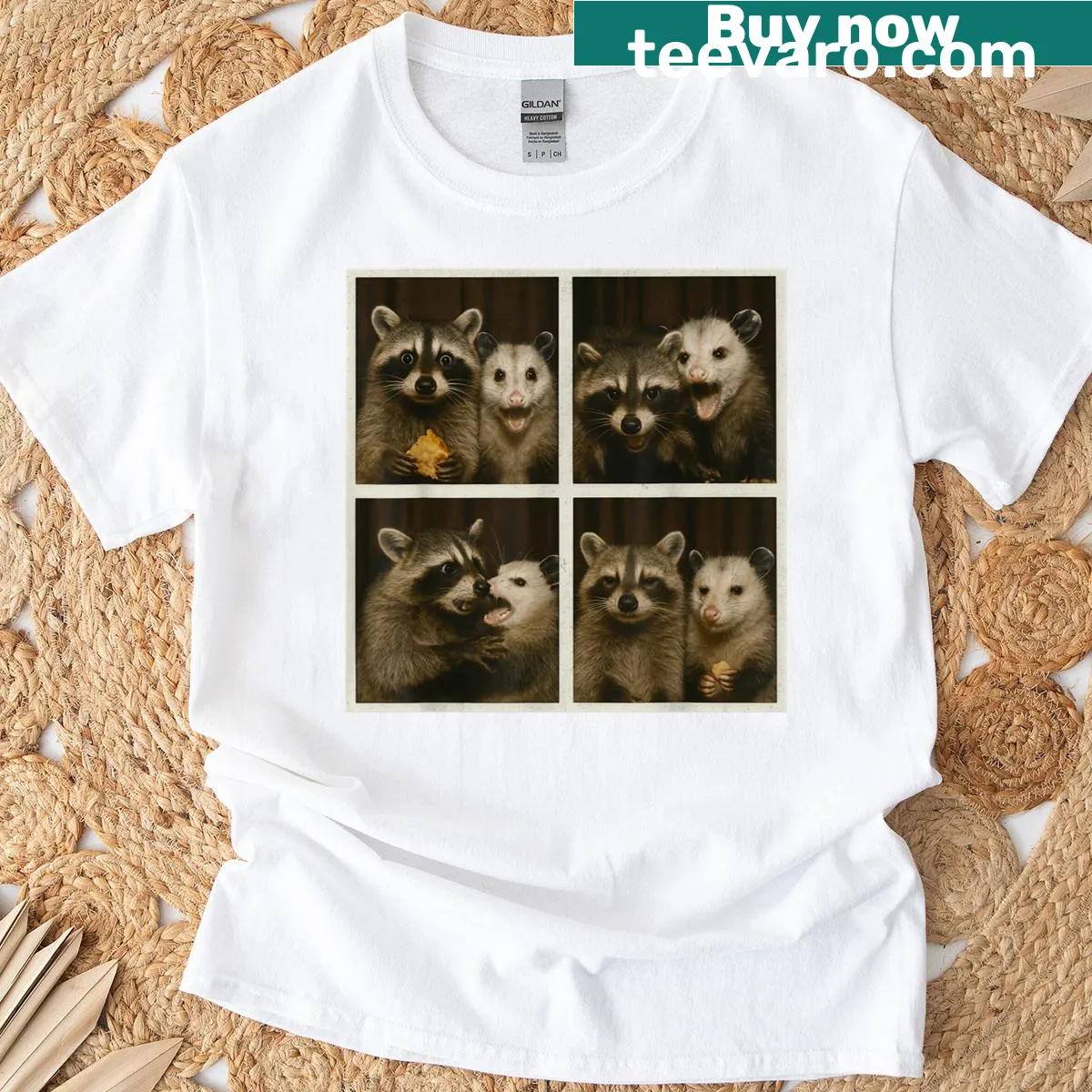 Cartoon design of a possum and raccoon photobooth selfie — on a men's t-shirt