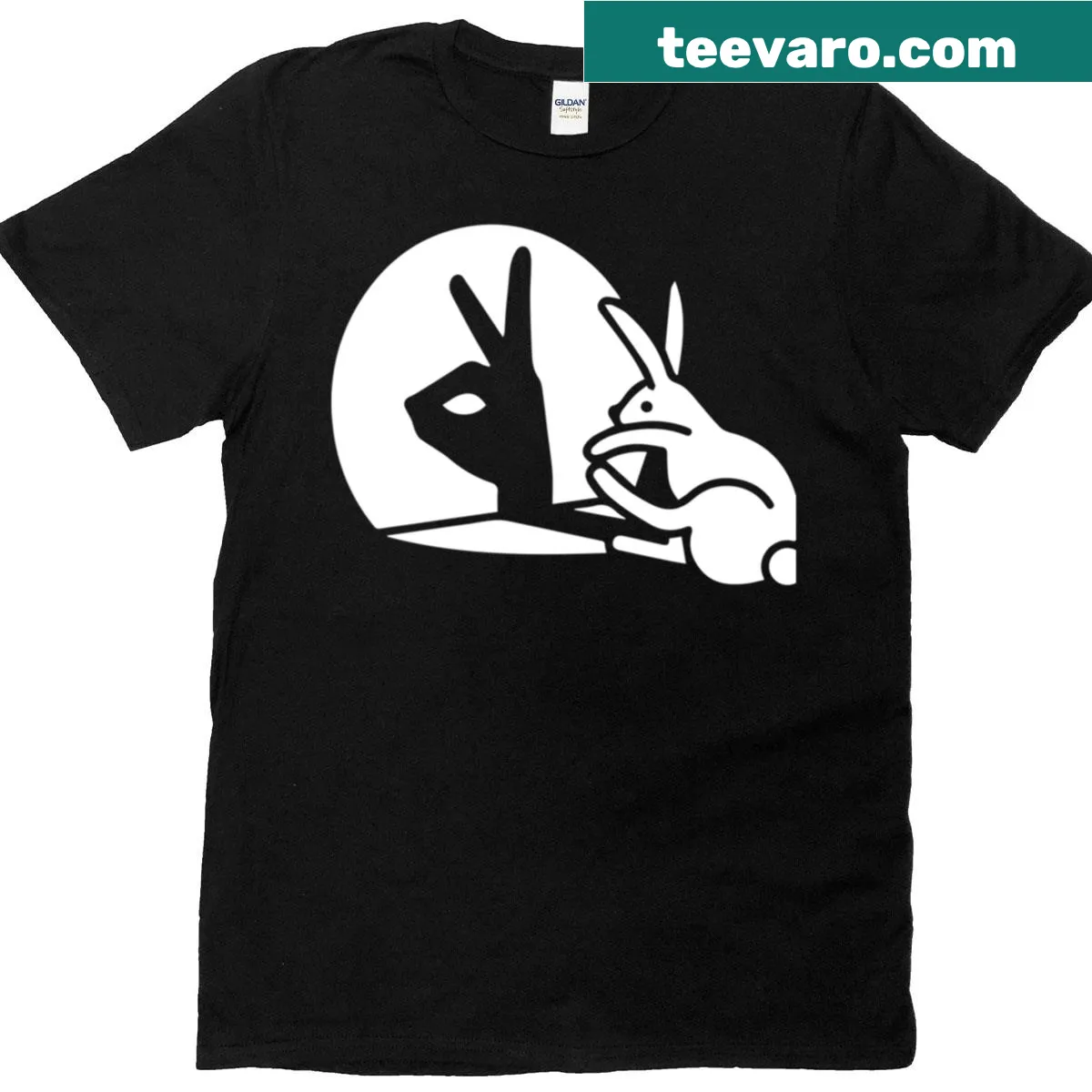 Funny rabbit hand shadow puppet design on a t-shirt — on a men's t-shirt