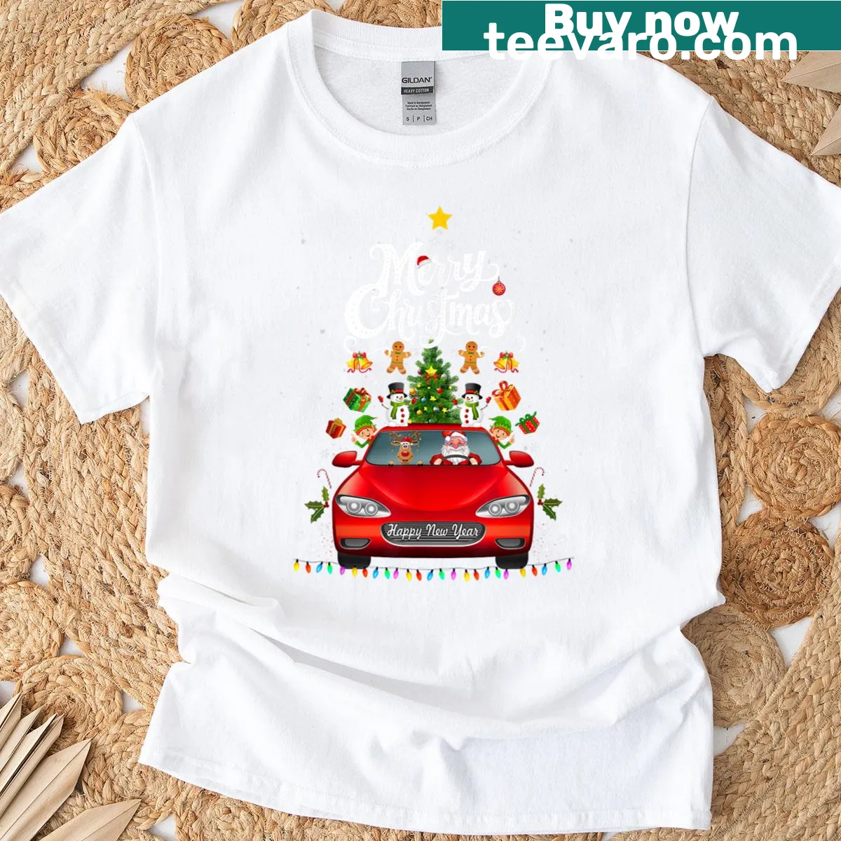 Santa in a red truck with a Christmas tree on a t-shirt — on a men's t-shirt