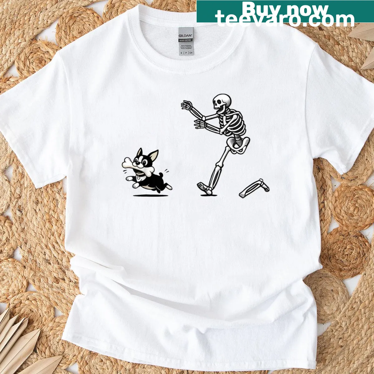 Cartoon skeleton chasing a terrier on a t-shirt — on a men's t-shirt
