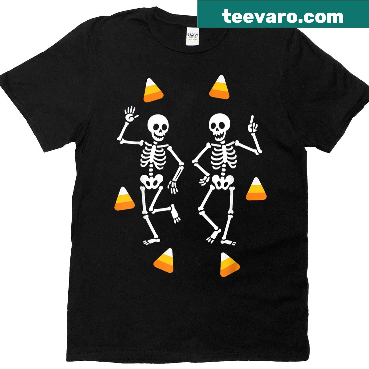 Funny Halloween T-shirt featuring skeletons and candy with a Trump reference. — on a men's t-shirt