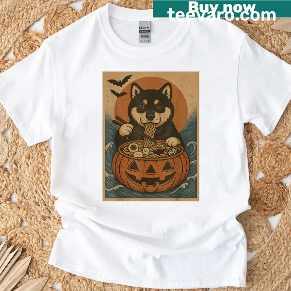 Spooky Shiba Inu with pumpkins and ramen graphic