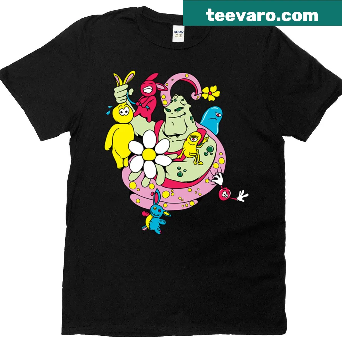 Cartoon unicorn design on an oversized t-shirt — on a men's t-shirt