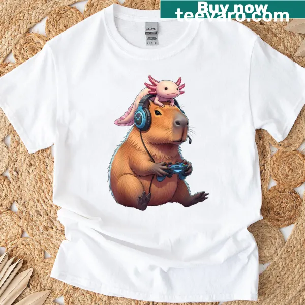 Funny capybara and axolotl gaming t-shirt.