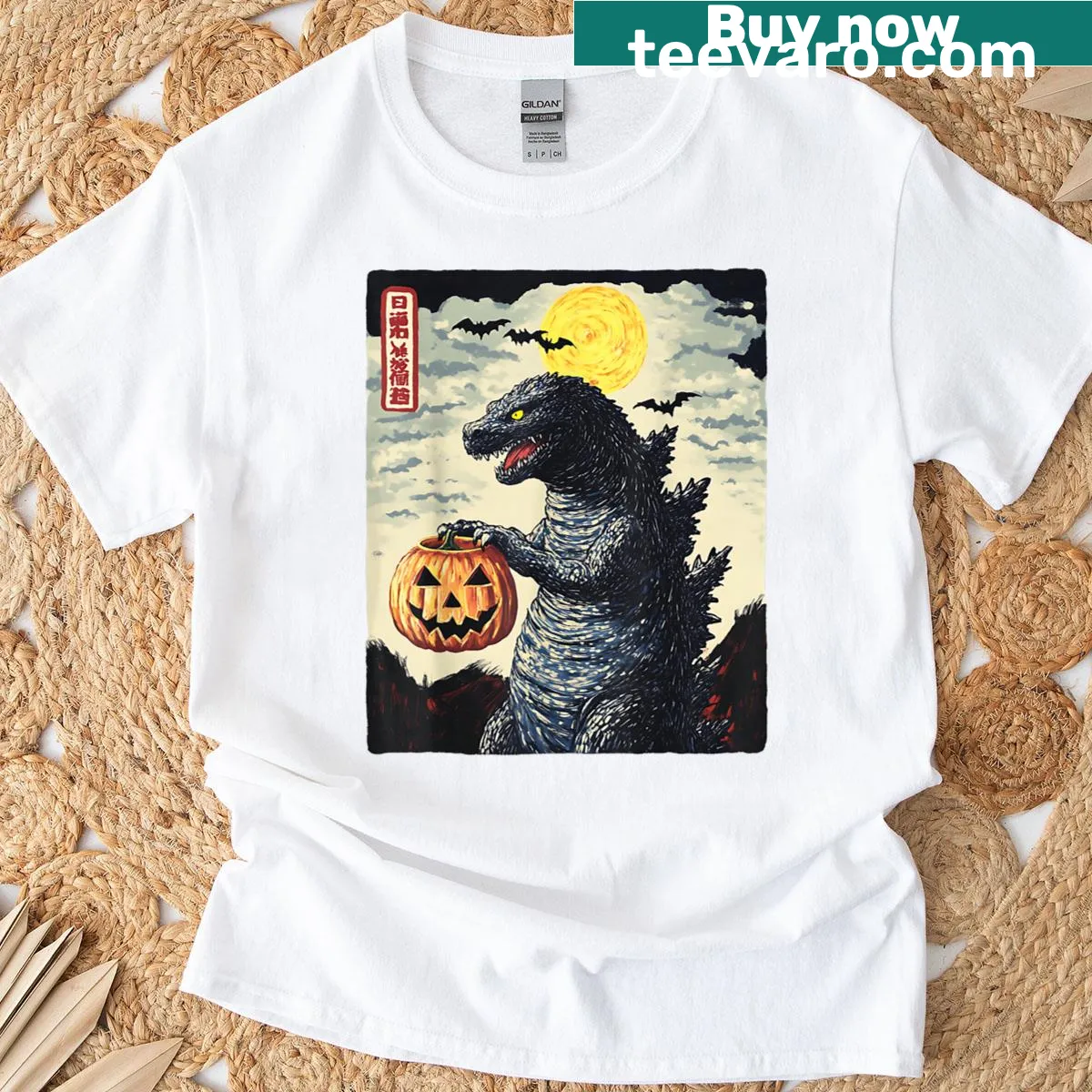 Vintage-style t-shirt with a humorous Japanese monster and pumpkin design — on a men's t-shirt