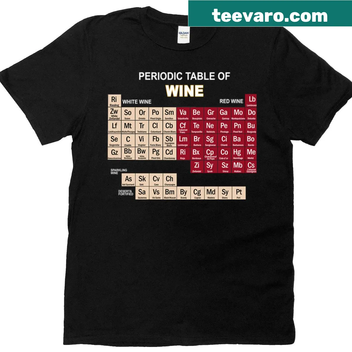 Funny periodic table of elements design related to wine — on a men's t-shirt