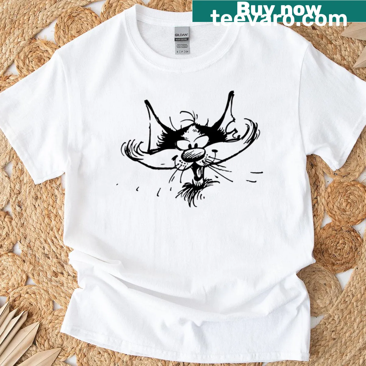 Cute cartoon drawing of Gaston the cat on t-shirt — on a men's t-shirt