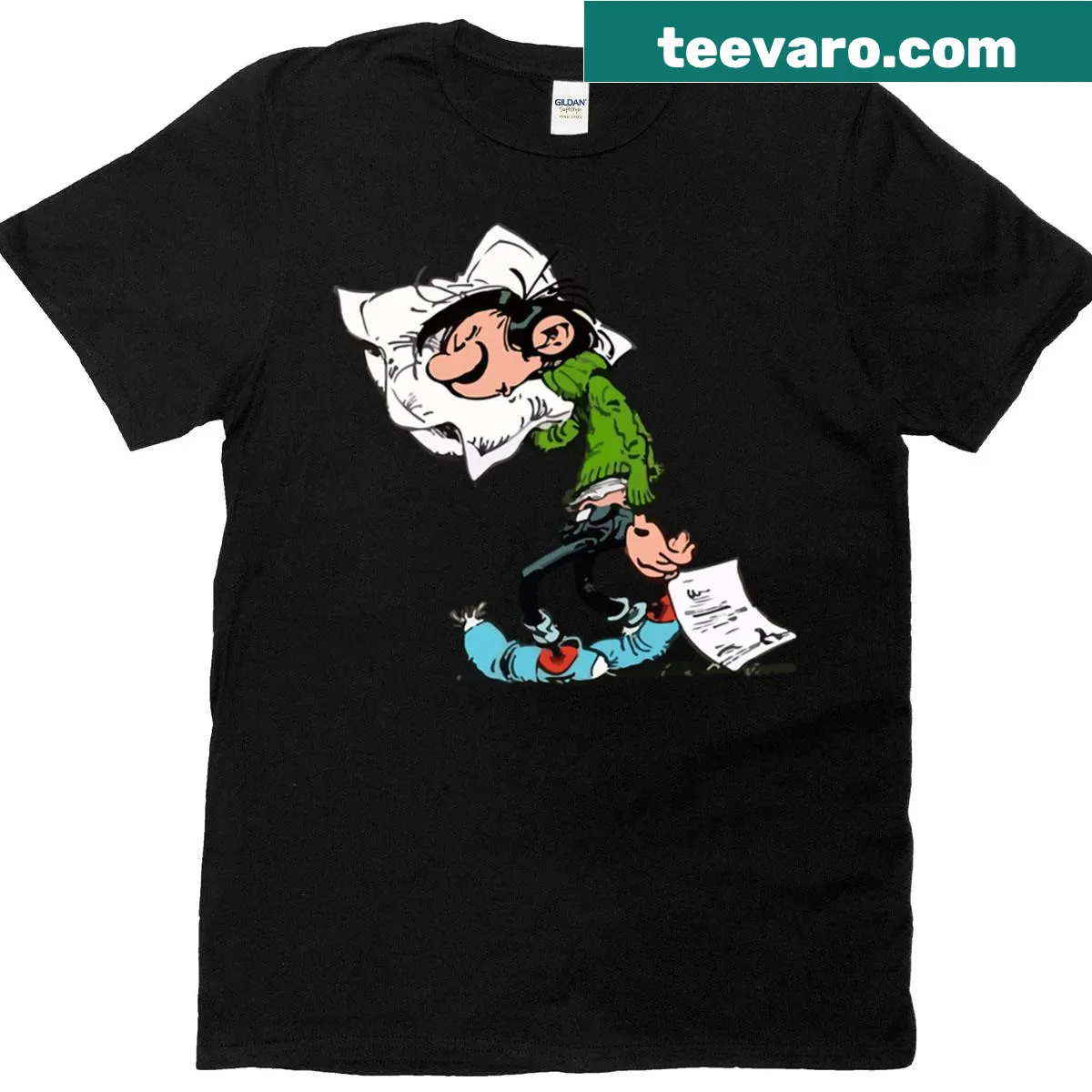 Cartoon t-shirt featuring Gaston with a pillow in a humorous design — on a men's t-shirt