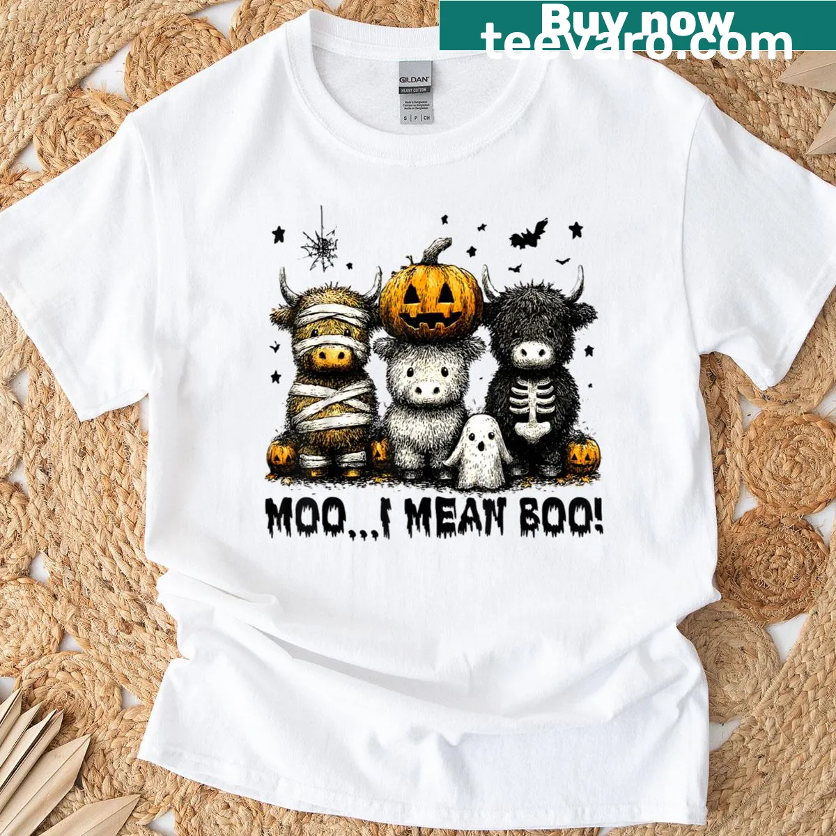 Humorous Halloween t-shirt with a ghost cow and punny text — on a men's t-shirt