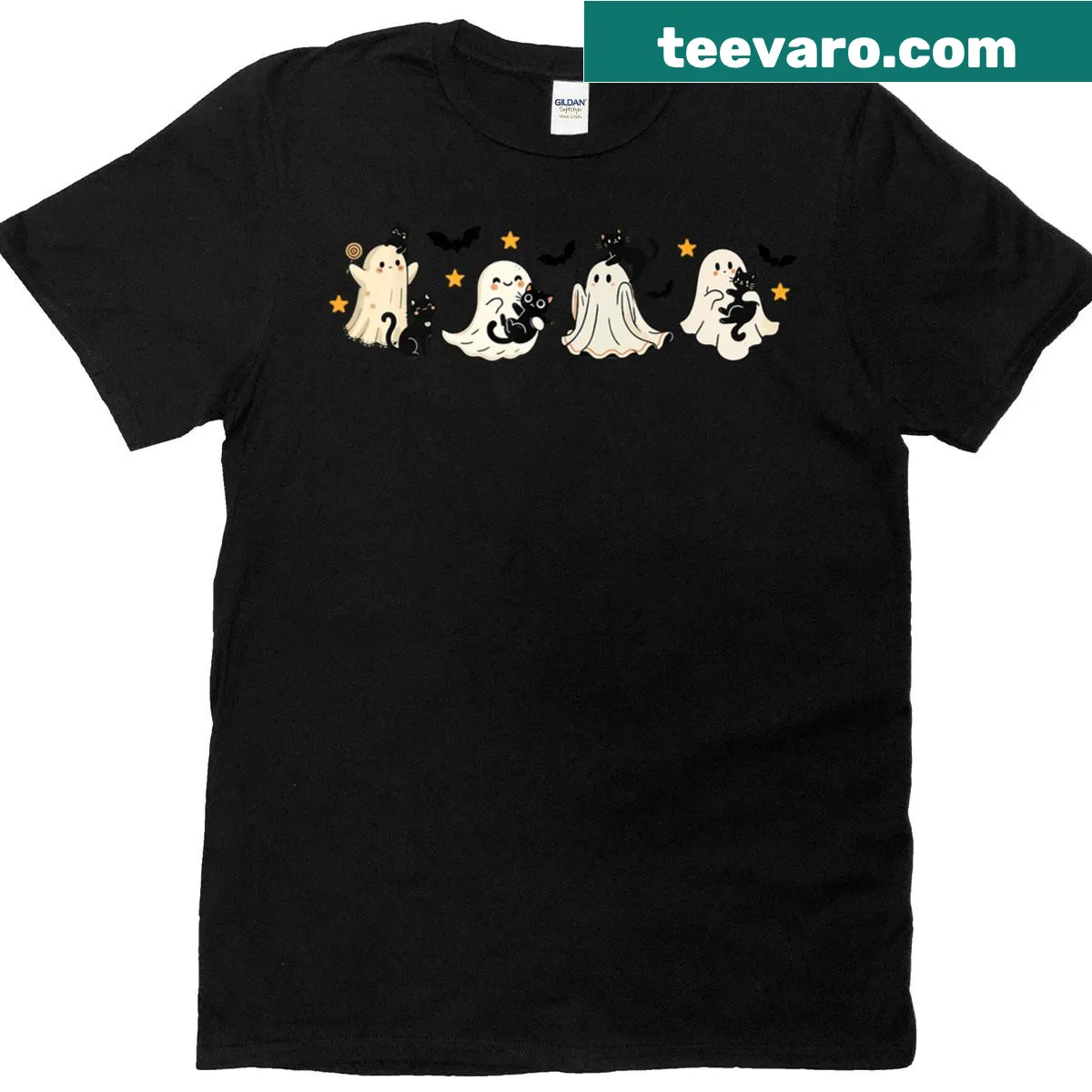 T-shirt featuring a ghost holding a black cat for Halloween — on a men's t-shirt