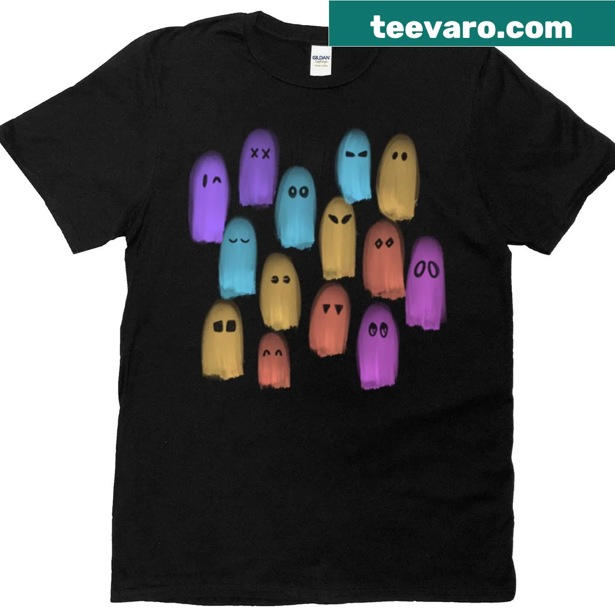 Cartoon graphic of playful ghosts having a party on a t-shirt. — on a men's t-shirt