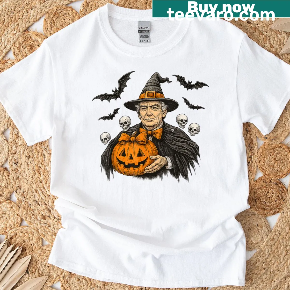 Halloween-themed t-shirt featuring ghosts, pumpkins, and skeletons in a playful design — on a men's t-shirt