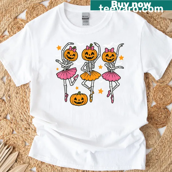 Cute ballet skeleton dancing with pumpkins for Halloween