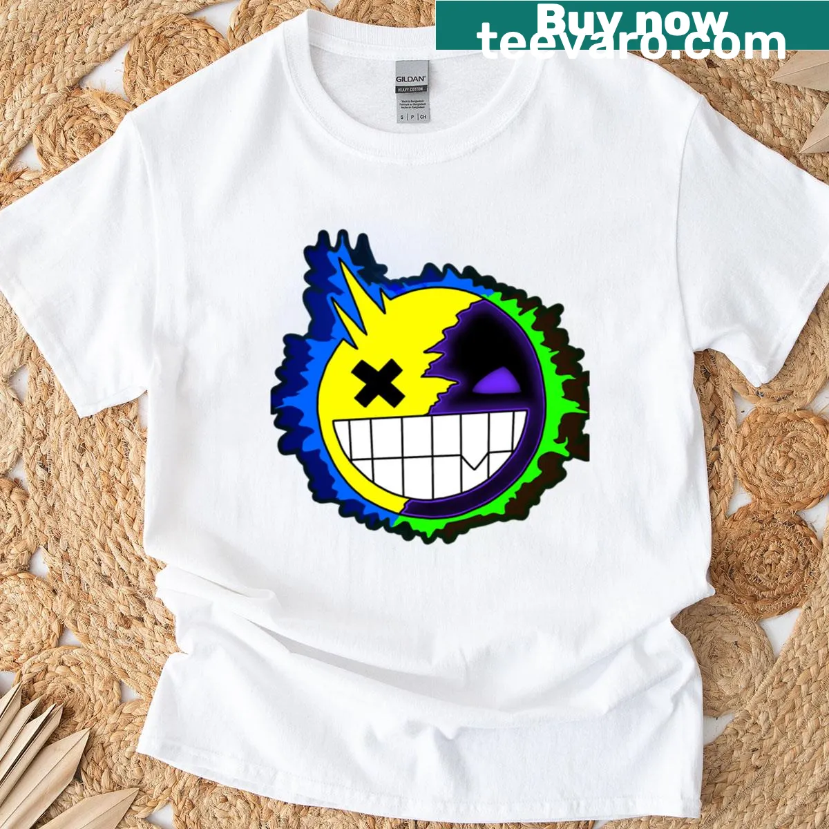 Edgy glitched smiley face design on a t-shirt — on a men's t-shirt