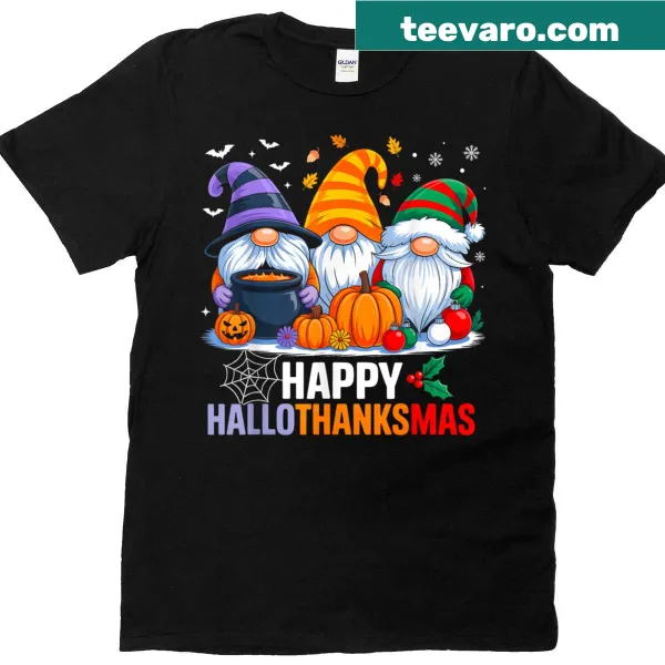 Illustrated gnomes celebrating Hallothanksmas with festive designs