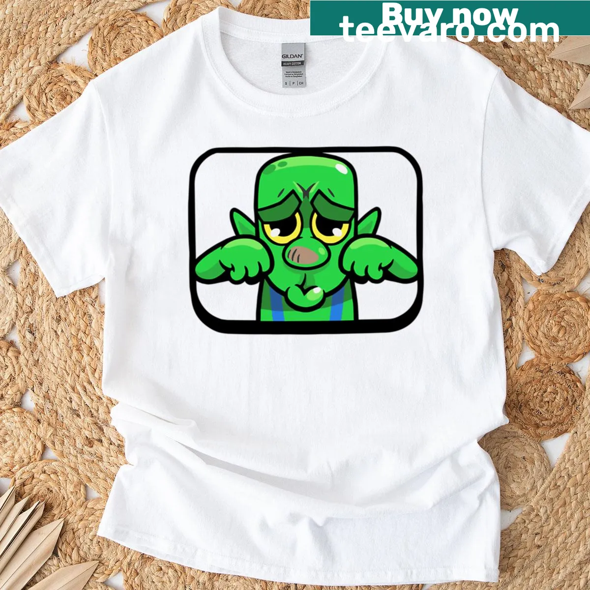 Crying goblin emote from Clash Royale on a funny T-shirt — on a men's t-shirt