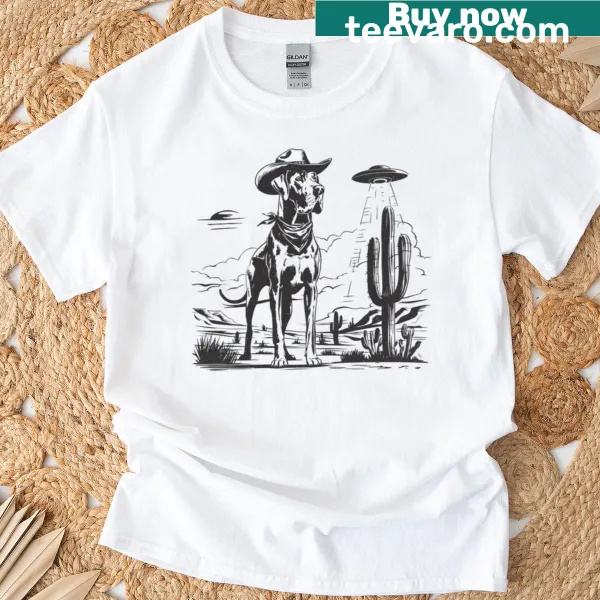 Vintage-style Great Dane graphic with cowboy hat and UFO