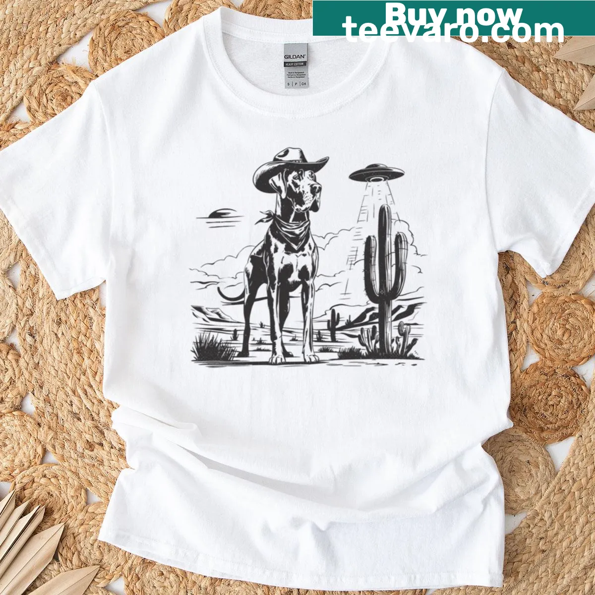 Vintage-style Great Dane graphic with cowboy hat and UFO — on a men's t-shirt