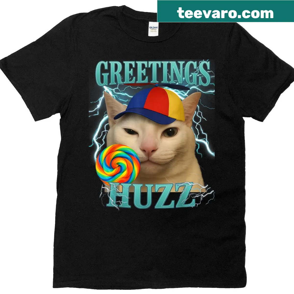 Funny cat meme graphic t-shirt with the phrase Greetings Huzz — on a men's t-shirt