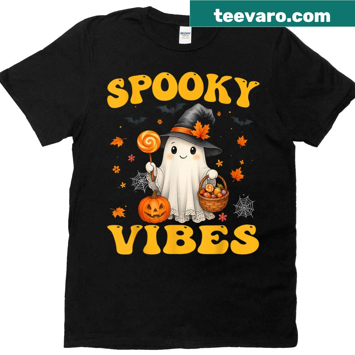 Retro ghost holding pumpkin graphic t-shirt — on a men's t-shirt