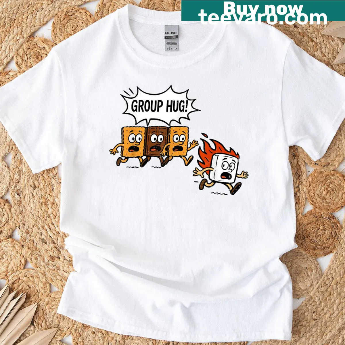 Cartoon marshmallows hugging around a campfire on a T-shirt — on a men's t-shirt